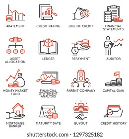 Vector set of linear icons related to investment, financial advice and business management. Mono line pictograms and infographics design elements - part 1