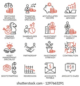 Vektorgrafik von linearen Symbolen im Zusammenhang mit Investitionen, Finanzberatung und Unternehmensführung. Mono-line-Piktogramme und Infografik-Design-Elemente - Teil 2