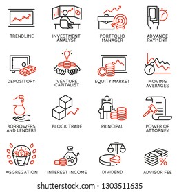 Vector set of linear icons related to investment, financial advice and business management. Mono line pictograms and infographics design elements - part 3