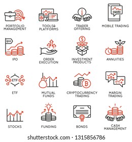 Vector set of linear icons related to investment, financial advice and business management. Mono line pictograms and infographics design elements - part 4