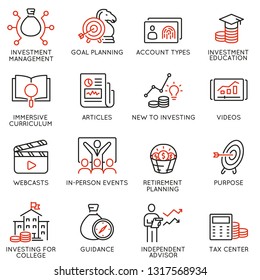 Vector set of linear icons related to investment, financial advice and business management. Mono line pictograms and infographics design elements - part 5