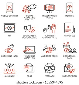 Vector set of linear icons related to  influence marketing and social media promotion services. Mono line pictograms and infographics design elements - part 1
