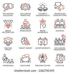 Vector set of linear icons related to influence marketing and social media promotion services. Mono line pictograms and infographics design elements - part 4