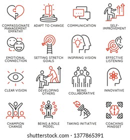 Vector set of linear icons related to skills, empowerment leadership development and qualities of a leader. Mono line pictograms and infographics design elements - part 7