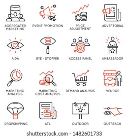 Vector set of linear icons related to business management process, advertising promotion and marketing. Mono line pictograms and infographics design elements - part 1