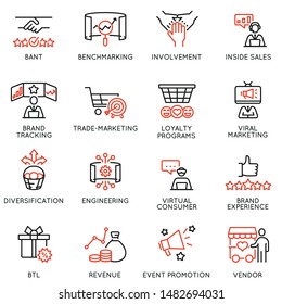 Vector set of linear icons related to business management process, advertising promotion and marketing. Mono line pictograms and infographics design elements - part 2