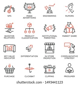 Vector set of linear icons related to business management process, advertising promotion and marketing. Mono line pictograms and infographics design elements.