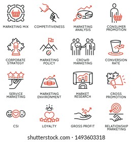 Vector set of linear icons related to business management process, advertising promotion and marketing. Mono line pictograms and infographics design elements.