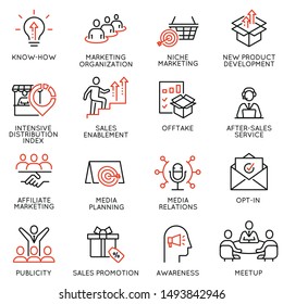 Vector set of linear icons related to business management process, advertising promotion and marketing. Mono line pictograms and infographics design elements - part 6