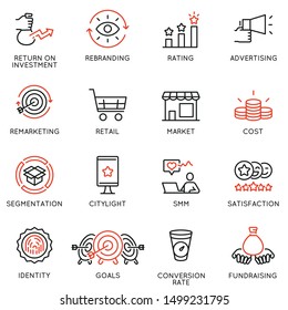 Vector set of linear icons related to business management process, advertising promotion and marketing. Mono line pictograms and infographics design elements 