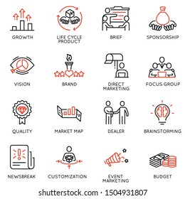 Vector set of linear icons related to business management process, advertising promotion and marketing. Mono line pictograms and infographics design elements - 9