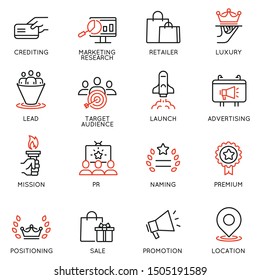 Vector set of linear icons related to business management process, advertising promotion and marketing. Mono line pictograms and infographics design elements - 10