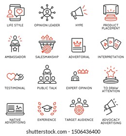 Vector set of linear icons related to business management process, advertising promotion and marketing. Mono line pictograms and infographics design elements - 11