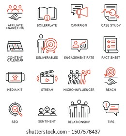 Vector set of linear icons related to business management process, advertising promotion and marketing. Mono line pictograms and infographics design elements - 12