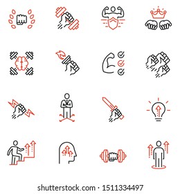 Vector set of linear icons related to leadership development, assertiveness, empowerment, skills. Mono line pictograms and infographics design elements - 1