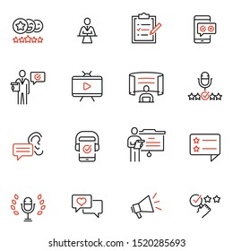 Vector set of linear icons related to Opinion Leader, Review, Expertise. Mono line pictograms and infographics design elements