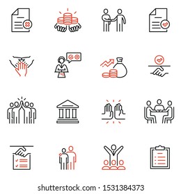 Vector set of linear icons related to bargaining, letter of credit, acknowledgement and affirmation. Mono line pictograms and infographics design elements 