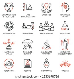 Vector set of linear icons related to engagement employee, employability skills, human resource management. Mono line pictograms and infographics design elements 