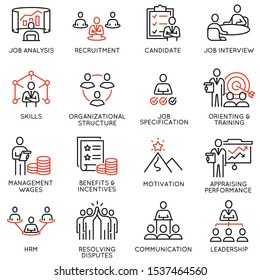 Vector Set Of Linear Icons Related To Engagement Employee, Recruitment, Organizational Structure, Human Resource Management. Mono Line Pictograms And Infographics Design Elements