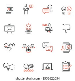 Vector Set Of Linear Icons Related To Negative Reaction, Opinion, Review, Antipathy And Cancellation. Mono Line Pictograms And Infographics Design Elements