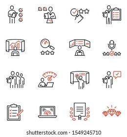 Vector set of linear icons related to analytics, data processing and conclusion. Auditor, analyst, commentator and expertise. Mono line pictograms and infographics design elements