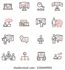 Vector Set of Linear Icons Related to Strategy Management System and Balanced Scorecard. Data Analysis and Development Statistics. Mono Line Pictograms and Infographics Design Elements