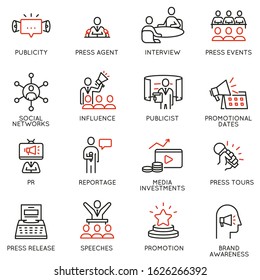 Vector set of linear icons related to public relations, review, journalism, online news. Mono line pictograms and infographics design elements