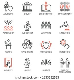 Vector set of linear icons related to law, justice and litigation. Mono line pictograms and infographics design elements - part 1