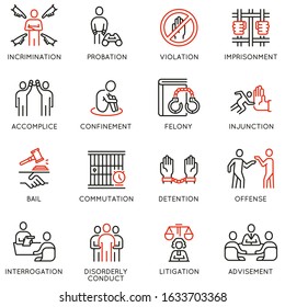 Vector set of linear icons related to law, justice and litigation. Mono line pictograms and infographics design elements - part 2