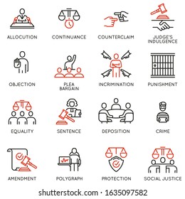 Vector set of linear icons related to law, justice and litigation. Mono line pictograms and infographics design elements - part 4