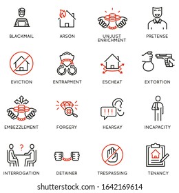 Vector set of linear icons related to law, justice and litigation. Mono line pictograms and infographics design elements - part 5