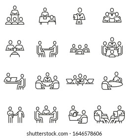 Vector Set Of Linear Icons Related To Team, Discussion, Meeting And Interview. Mono Line Pictograms And Infographics Design Elements 