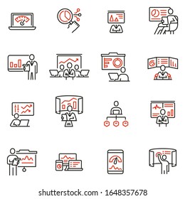 Vector set of linear icons related to gathering, analytics information, development statistic, expertise and consulting. Mono line pictograms and infographics design elements 