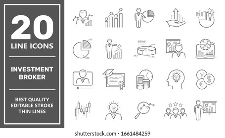 Vector set of linear icons related to investment broker, trade service, investment strategy and management. Mono line pictograms and infographics design elements. Editable Stroke. EPS 10