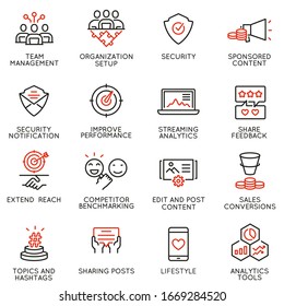 Conjunto vectorial de iconos lineales relacionados con la influencia de los servicios de marketing y promoción de medios sociales. Pictogramas de línea monocroma y elementos de diseño infográfico 