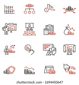 Vector Set of Linear Icons Related to Profit Decline, Finance Regression, Stagnation. Mono Line Pictograms and Infographics Design Elements