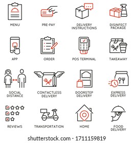 Vector Set of Linear Icons Related to Contactless Delivery Process. Mono line pictograms and infographics design elements 