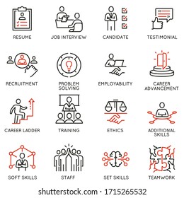 Vector Set of Linear Icons Related to Leadership Skills for Workplace Success. Mono line pictograms and infographics design elements