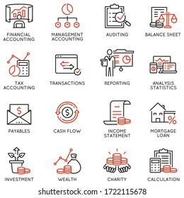 Vector Set of Linear Icons Related to Finance Report, Accounting, Portfolio and Calculation. Mono Line Pictograms and Infographics Design Elements 