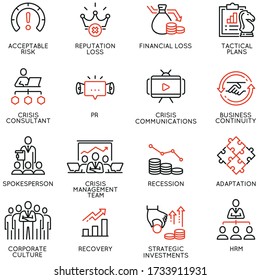 Vector Set Of Linear Icons Related To Crisis Management, Recovery And Consolidation. Mono Line Pictograms And Infographics Design Elements - Part 2