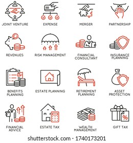  Vector Set of Linear Icons Related to Finance Report, Accounting, Calculation, Consultation and Audit. Mono Line Pictograms and Infographics Design Elements