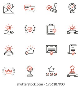 Vector Set of Linear Icons Related to Approvement, Accreditation, Quality Check and Affirmation. Mono Line Pictograms and Infographics Design Elements - part 2