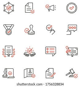 Vector Set of Linear Icons Related to Approvement, Accreditation, Quality Check and Affirmation. Mono Line Pictograms and Infographics Design Elements - part 3