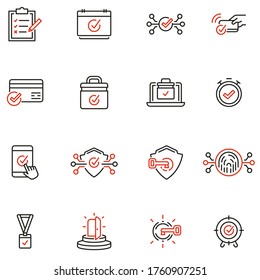 Vector Set of Linear Icons Related to Verification, Protection, Authentication, identification and Security system. Mono Line Pictograms and Infographics Design Elements 