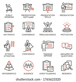 Vector set of linear icons related to career training, seminar, conference and presentation. Mono line pictograms and infographics design elements