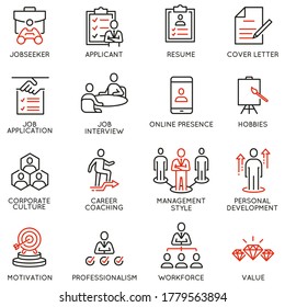 Vector Set of Linear Icons Related to Recruitment, Career Progress and Personal Development. Mono Line Pictograms and Infographics Design Elements