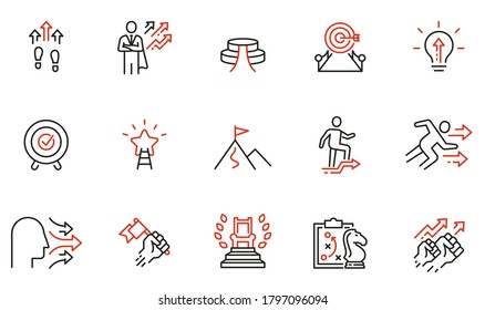 Vector set of linear icons related to assertiveness, striving for development, realization and progress. Mono line pictograms and infographics design elements - Shutterstock ID 1797096094