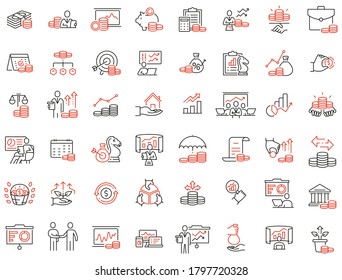 Vector set of linear icons related to finance management, trade service and investment strategy. Mono line pictograms and infographics design elements
