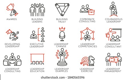 Conjunto de vectores de iconos lineales relacionados con el desarrollo del liderazgo, categorías, ejecutivo y educativo. Pictogramas de línea monográfica y elementos de diseño de infografías 