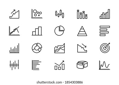 Vector set of linear icons related to trade service, analytics, stock indices, market segments, stock growth. 